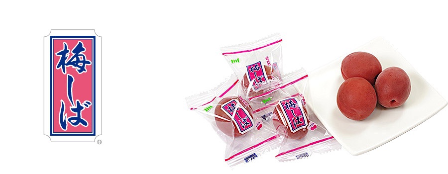 カリカリ梅「梅しば」の商品ロゴと、個包装・器に盛られた製品イメージ